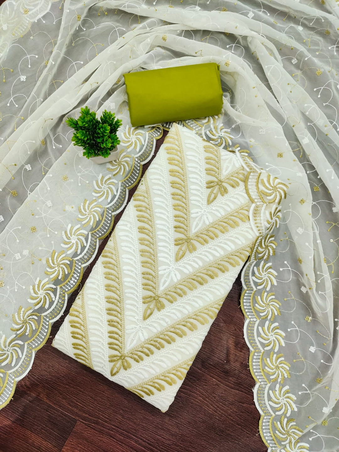 Mustard Georgette Embroidered Unstitched Dress Material - Image 3