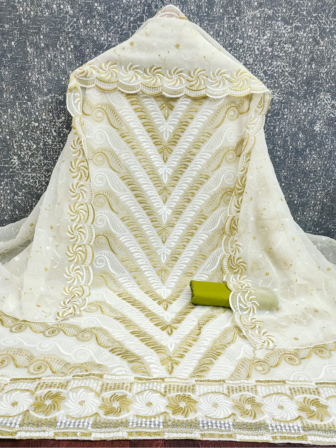 Mustard Georgette Embroidered Unstitched Dress Material - Image 4