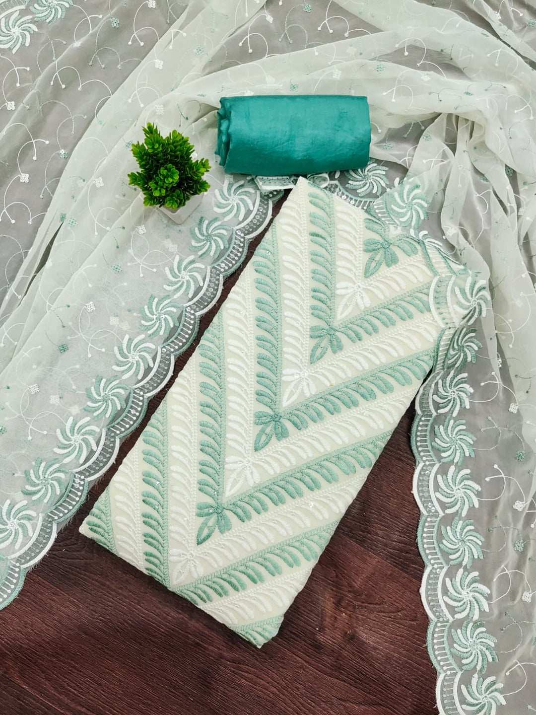 Turquoise Georgette Embroidered Unstitched Dress Material - Image 1
