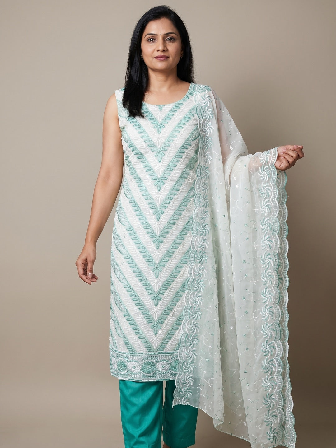 Turquoise Georgette Embroidered Unstitched Dress Material - Image 2