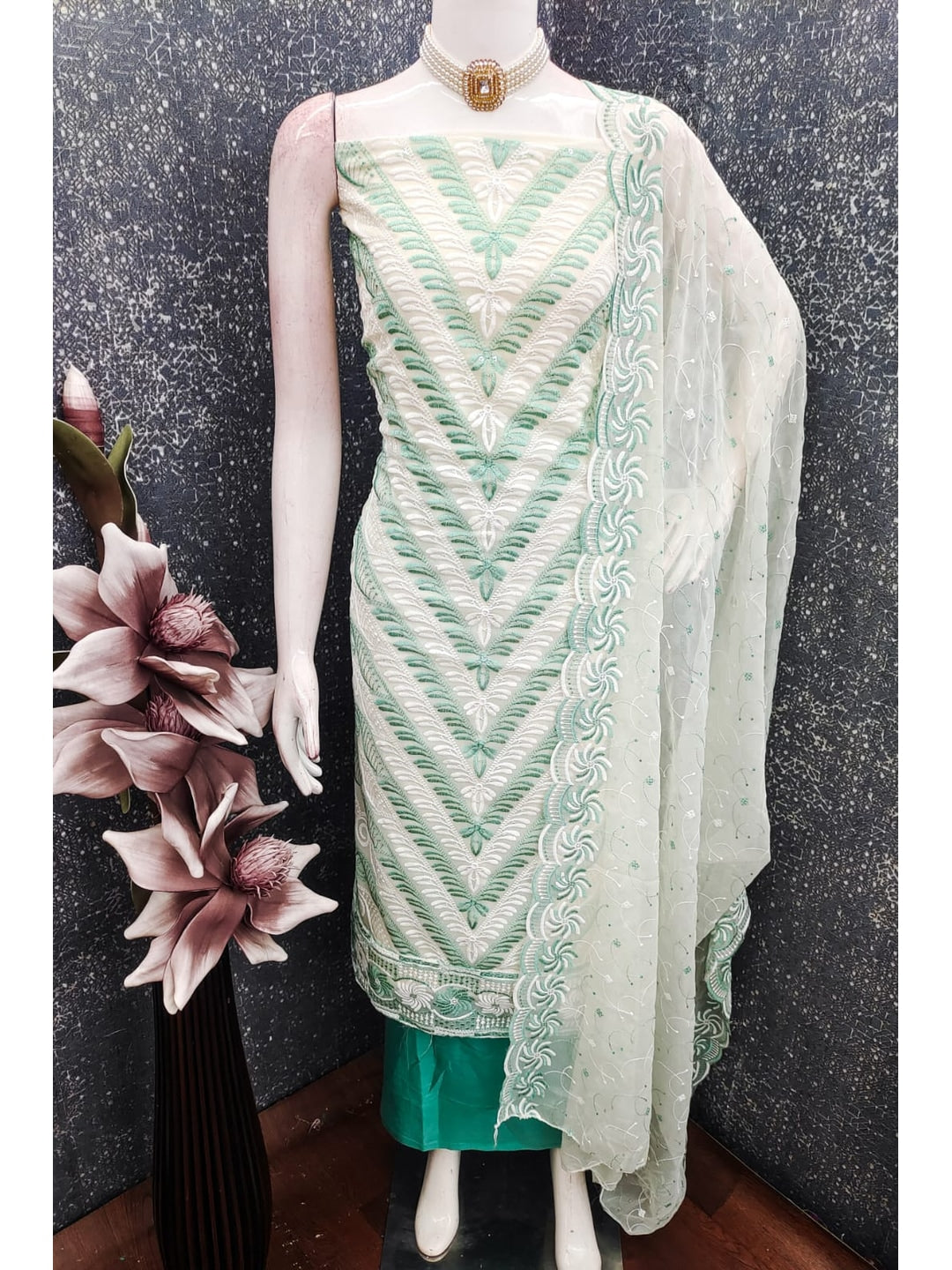 Turquoise Georgette Embroidered Unstitched Dress Material - Image 3
