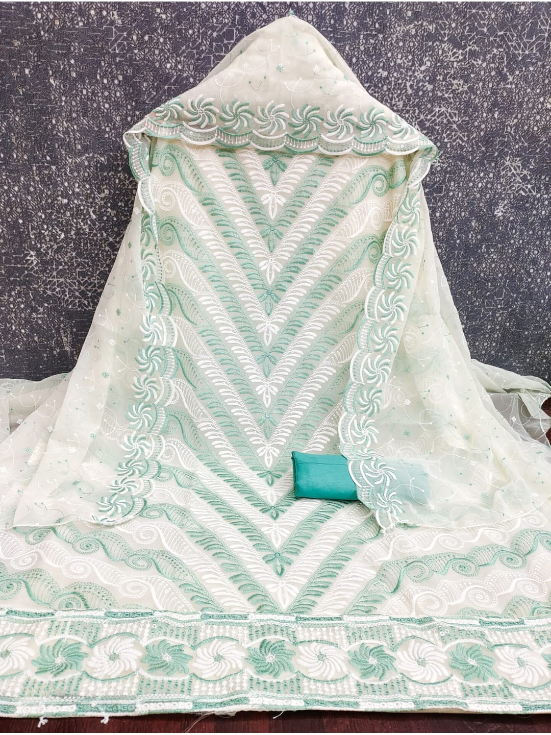 Turquoise Georgette Embroidered Unstitched Dress Material - Image 5