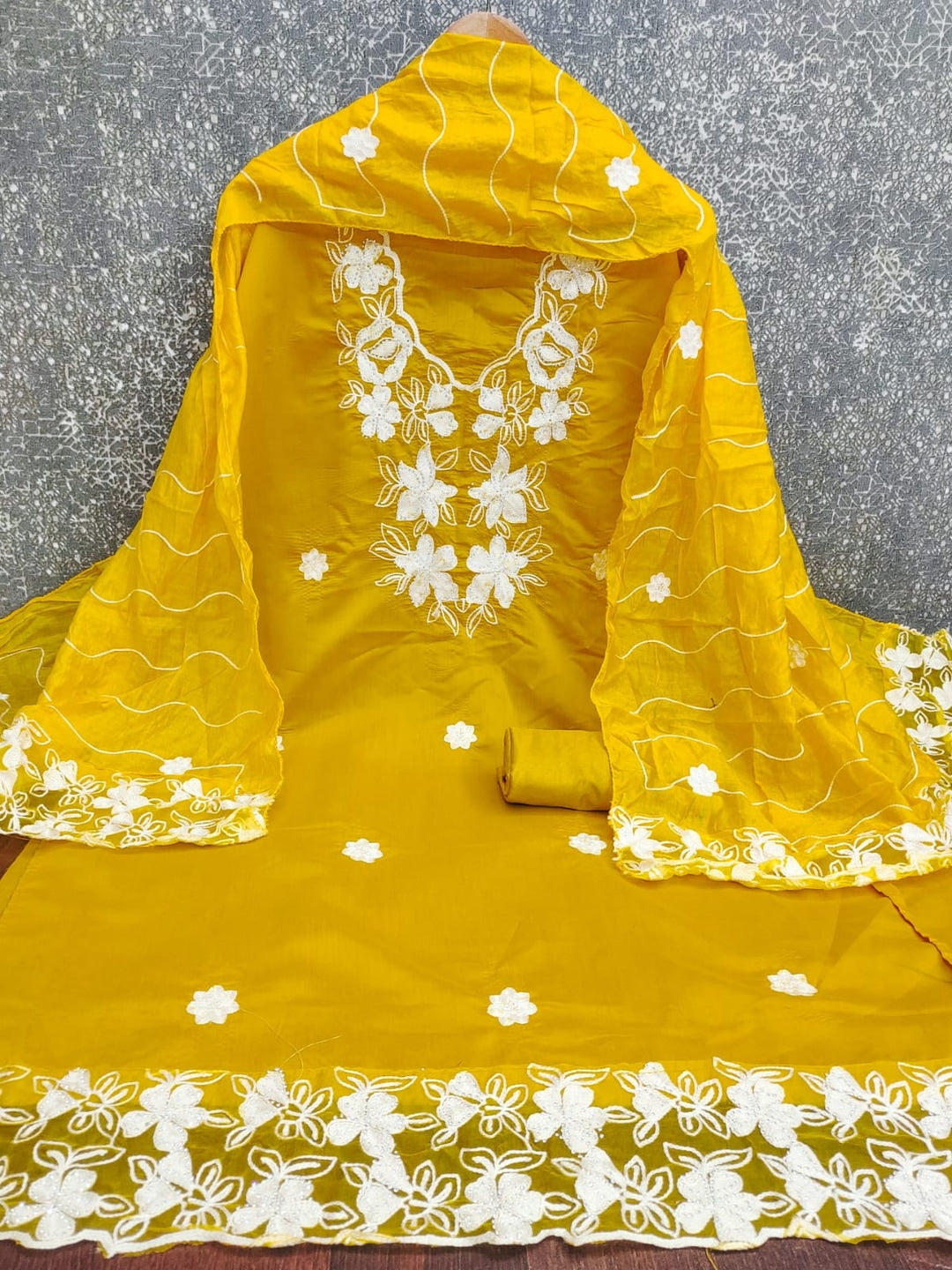 Mustard Roman Silk Embroidered Unstitched Dress Material - Image 1