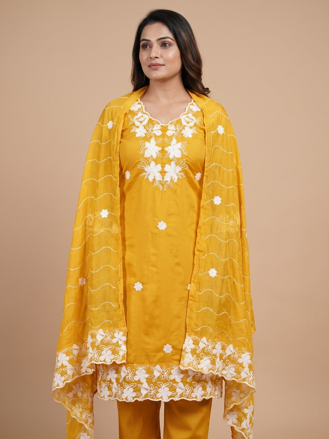 Mustard Roman Silk Embroidered Unstitched Dress Material - Image 2