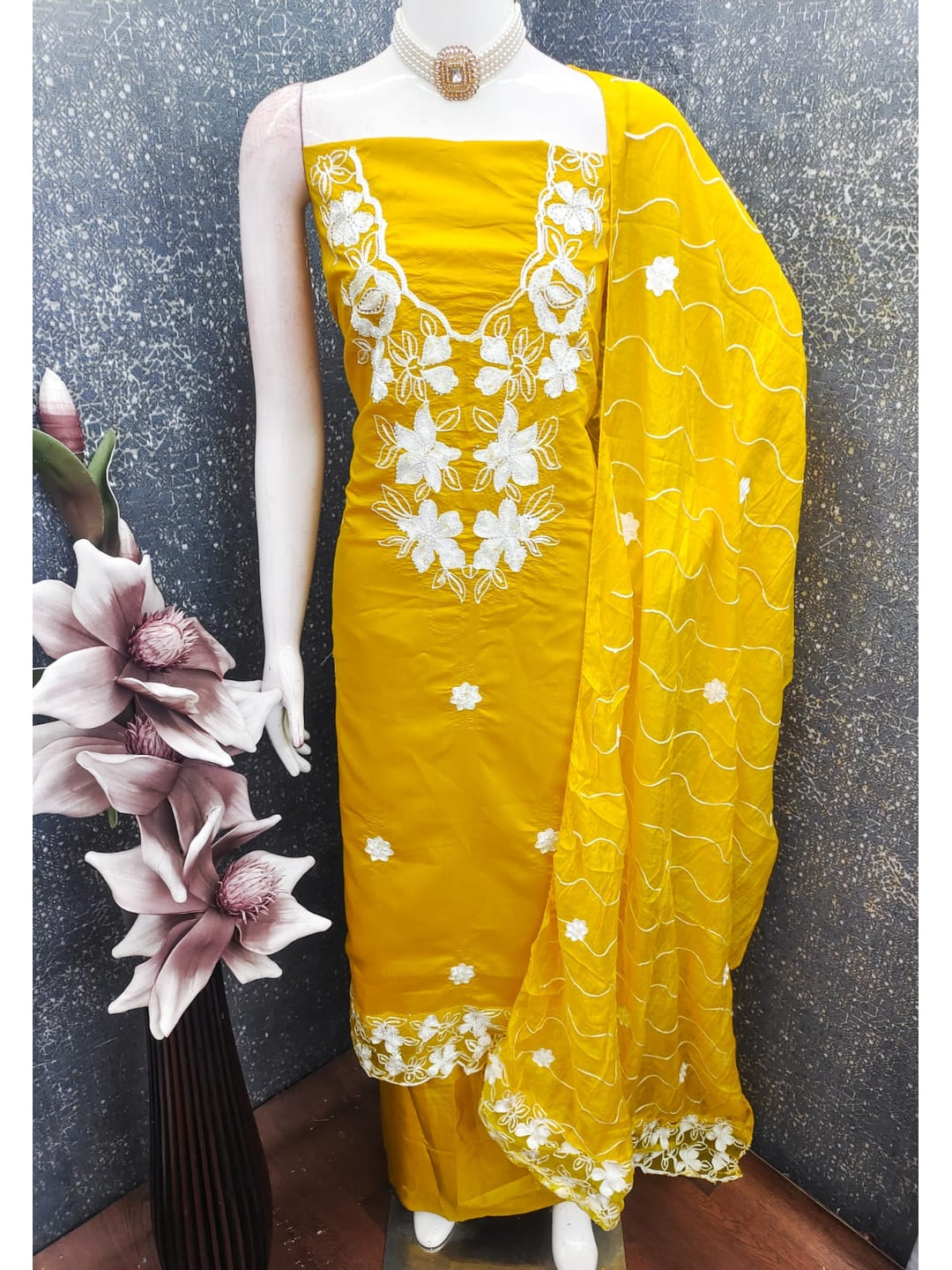 Mustard Roman Silk Embroidered Unstitched Dress Material - Image 4