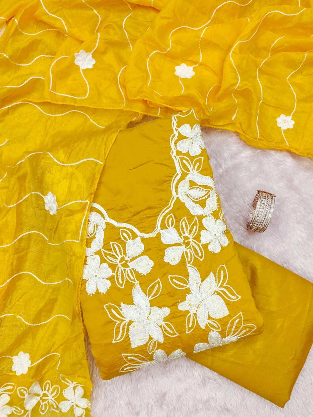Mustard Roman Silk Embroidered Unstitched Dress Material - Image 5
