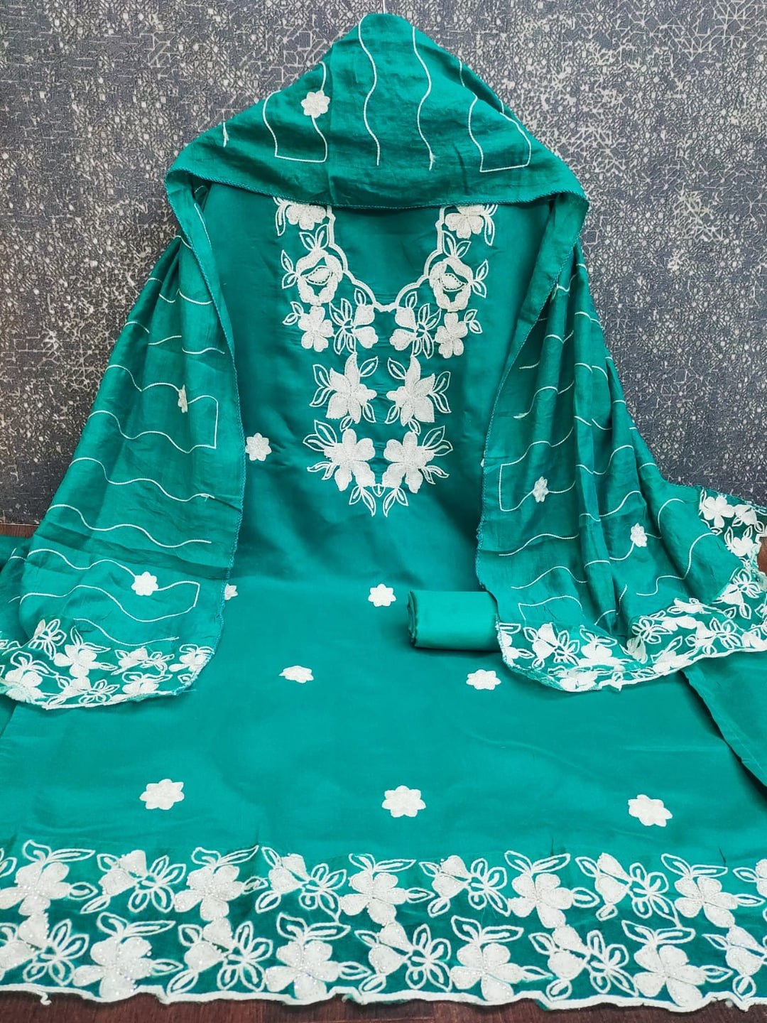 Turquoise Roman Silk Embroidered Unstitched Dress Material - Image 1