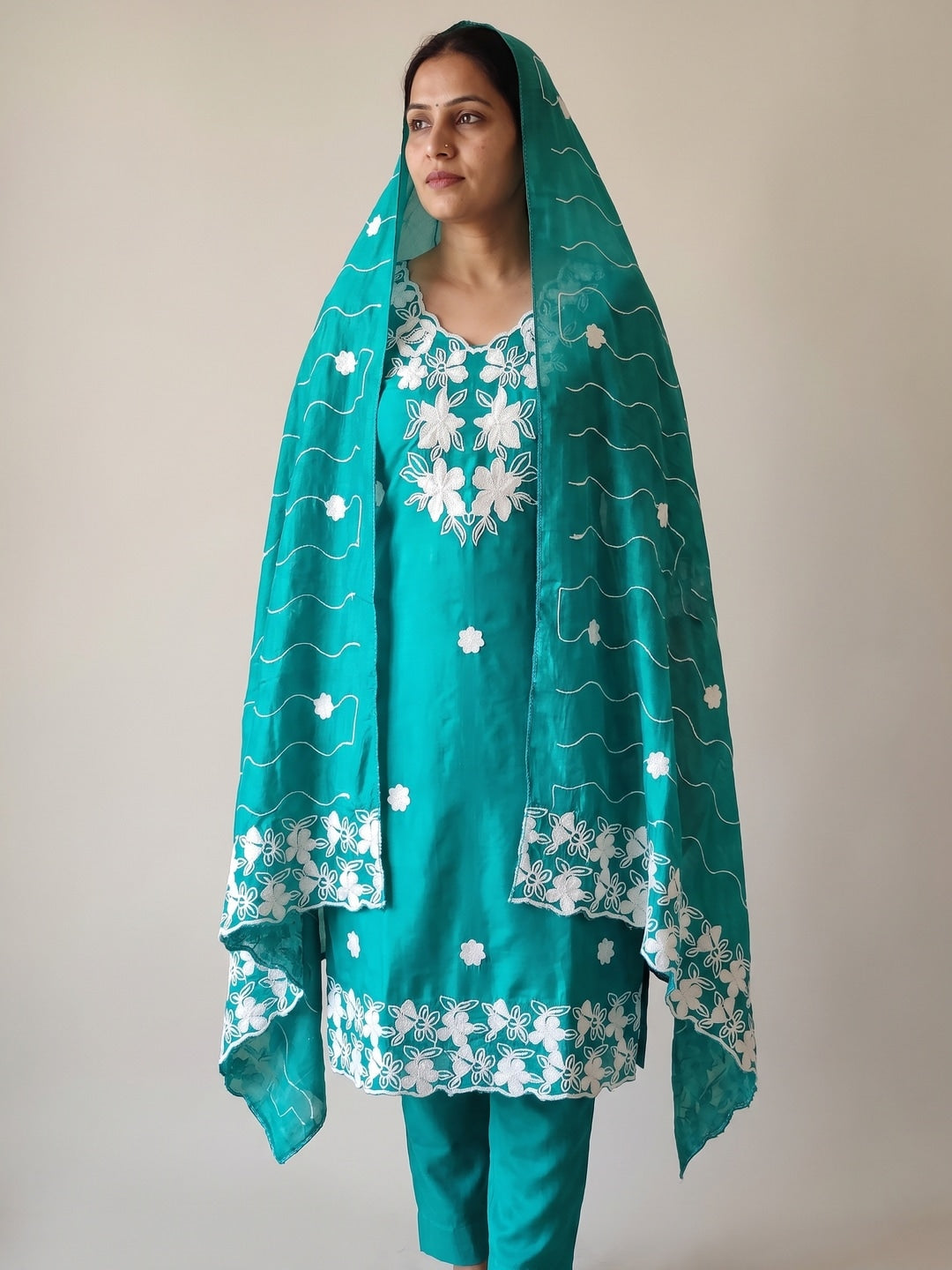 Turquoise Roman Silk Embroidered Unstitched Dress Material - Image 2