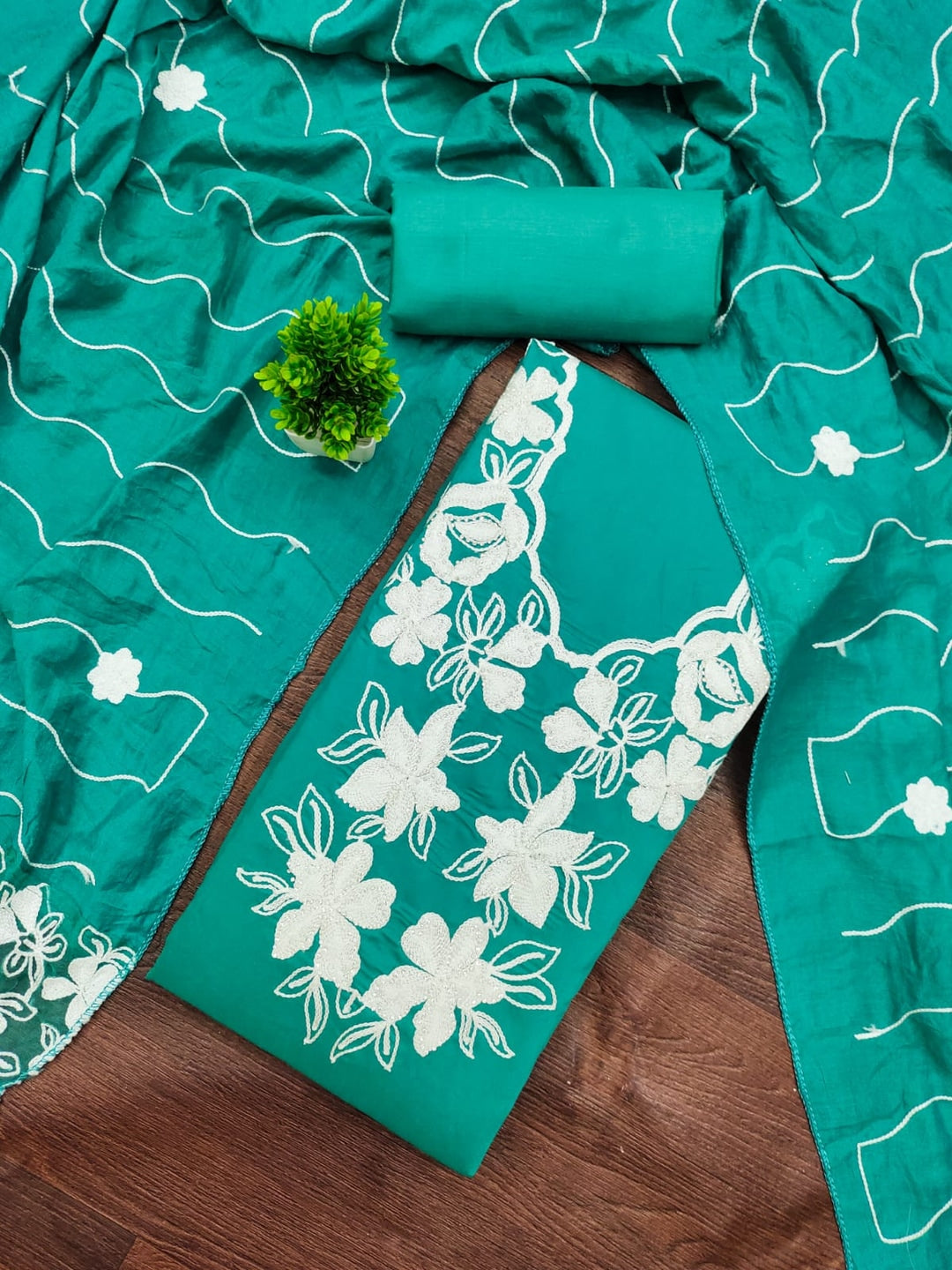 Turquoise Roman Silk Embroidered Unstitched Dress Material - Image 3