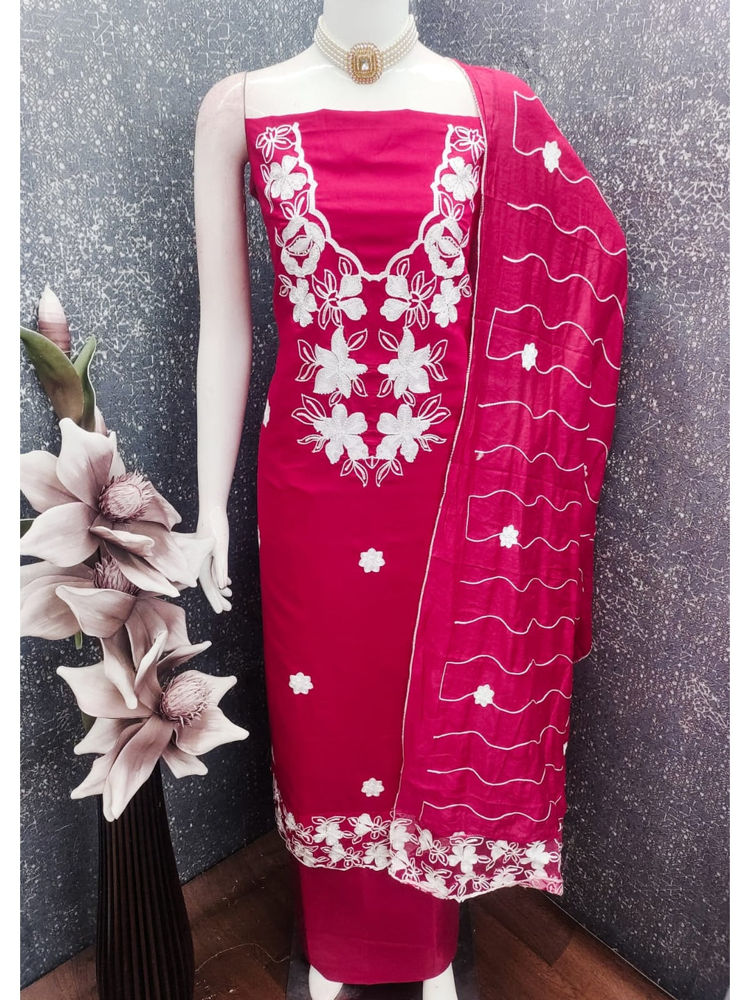 Pink Roman Silk Embroidered Unstitched Dress Material - Image 3