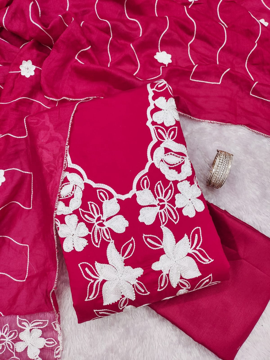 Pink Roman Silk Embroidered Unstitched Dress Material - Image 5