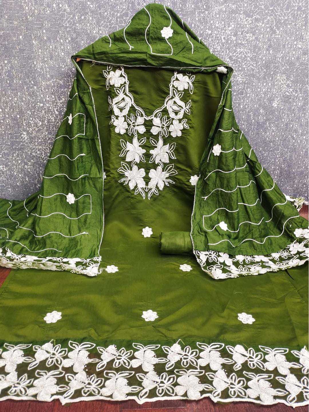 Olive Roman Silk Embroidered Unstitched Dress Material - Image 1