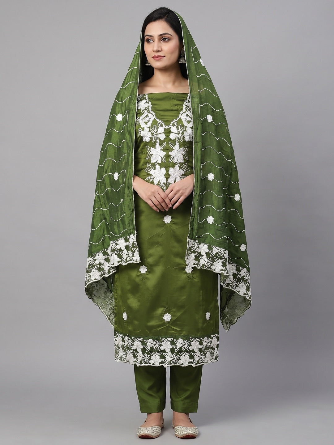 Olive Roman Silk Embroidered Unstitched Dress Material - Image 2