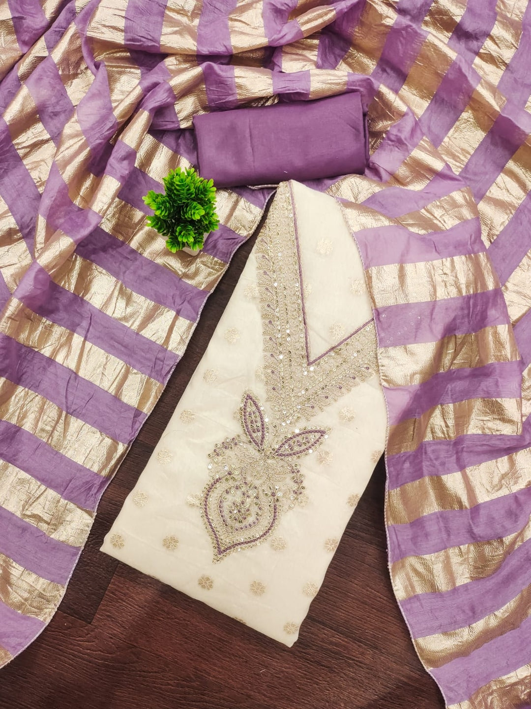 Lavender Shimmer Embroidered Unstitched Dress Material - Image 3