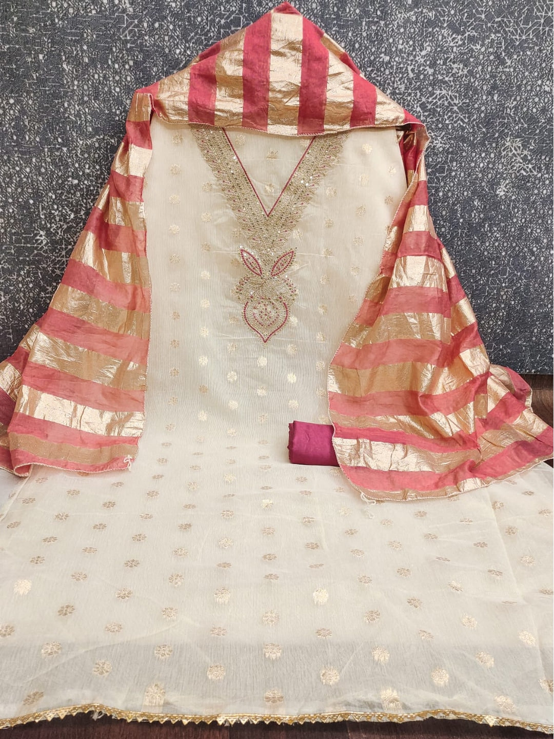 Pink Shimmer Embroidered Unstitched Dress Material - Image 1