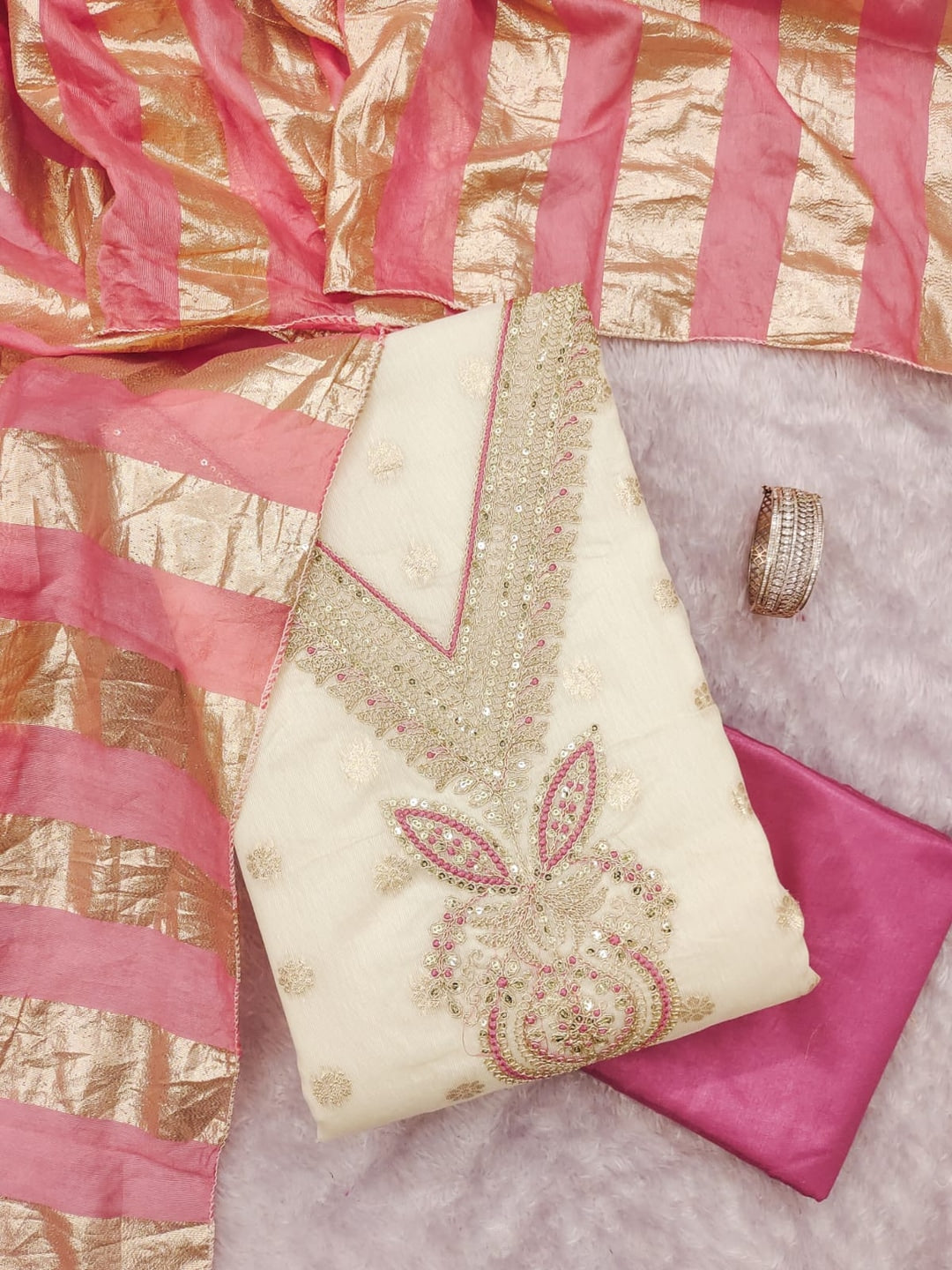 Pink Shimmer Embroidered Unstitched Dress Material - Image 3