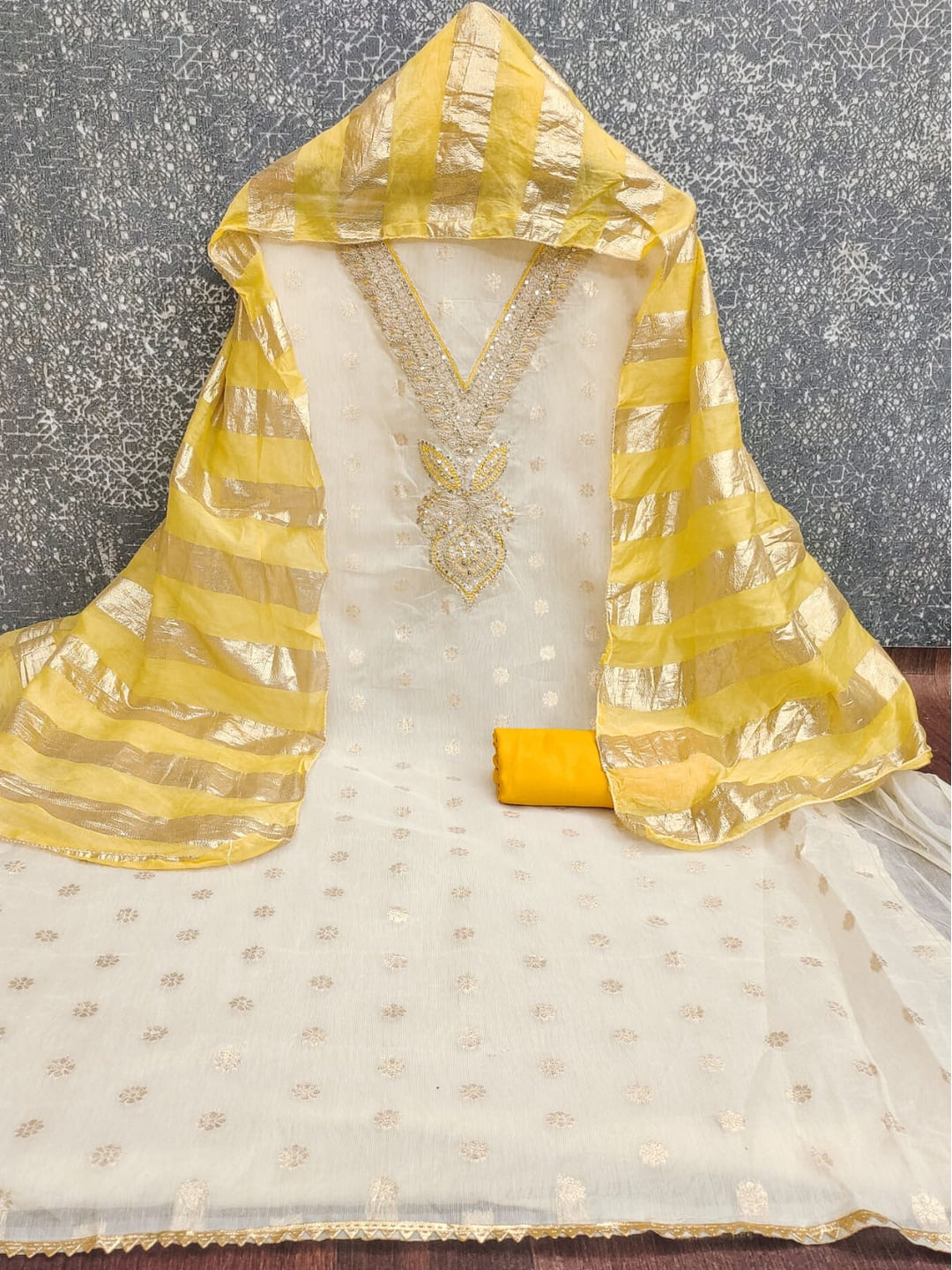 Mustard Shimmer Embroidered Unstitched Dress Material - Image 1