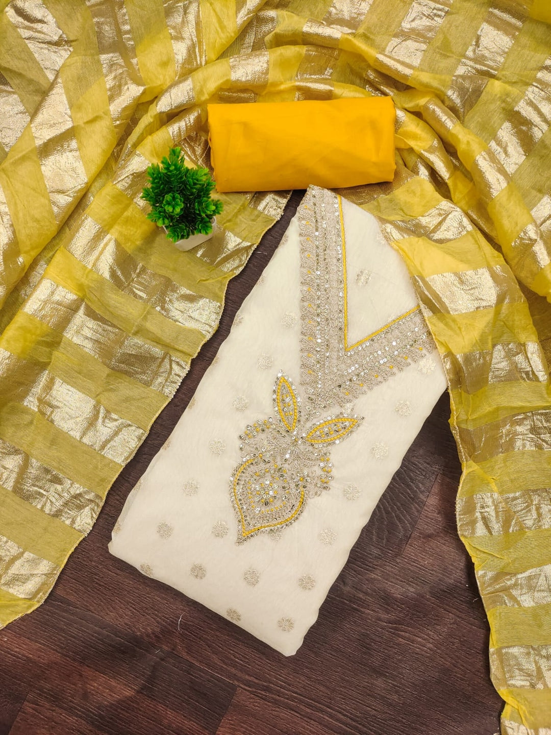 Mustard Shimmer Embroidered Unstitched Dress Material - Image 3