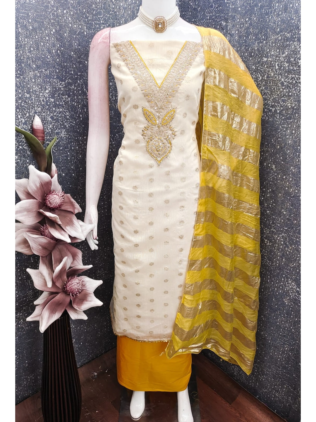 Mustard Shimmer Embroidered Unstitched Dress Material - Image 4