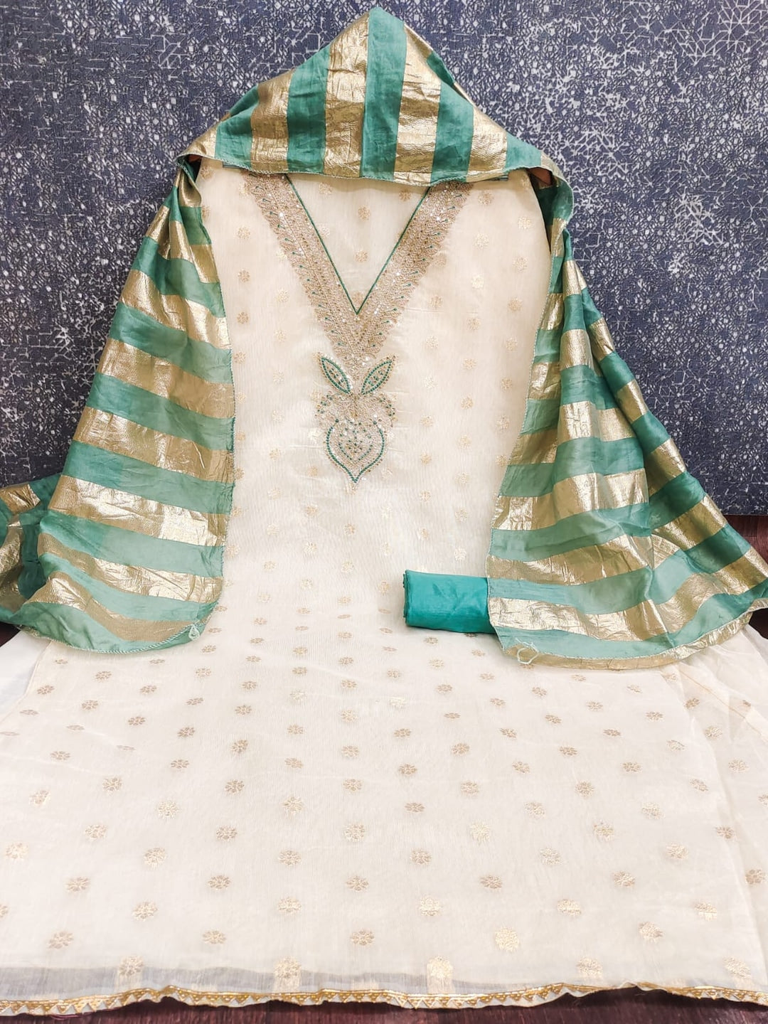 Turquoise Shimmer Embroidered Unstitched Dress Material - Image 1