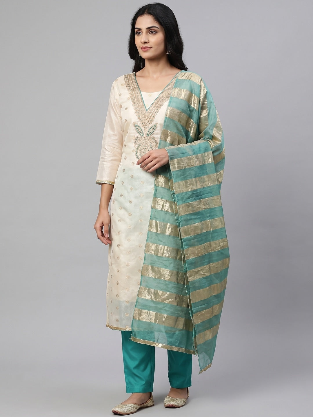 Turquoise Shimmer Embroidered Unstitched Dress Material - Image 2