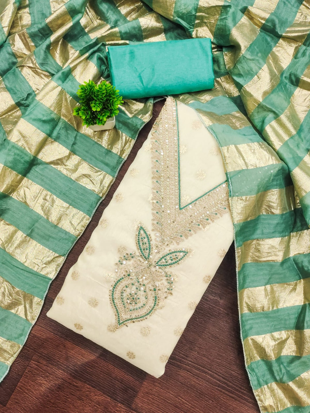 Turquoise Shimmer Embroidered Unstitched Dress Material - Image 4