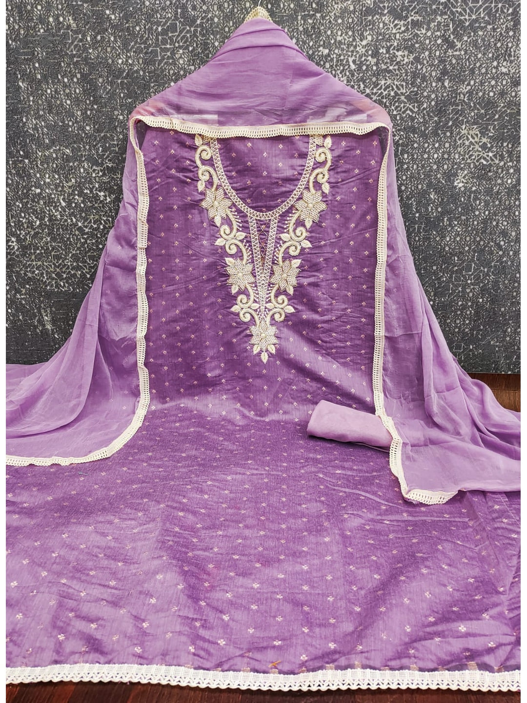 Lavender Chanderi Silk Embroidered Unstitched Dress Material - Image 1