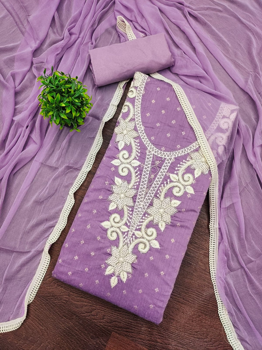 Lavender Chanderi Silk Embroidered Unstitched Dress Material - Image 3