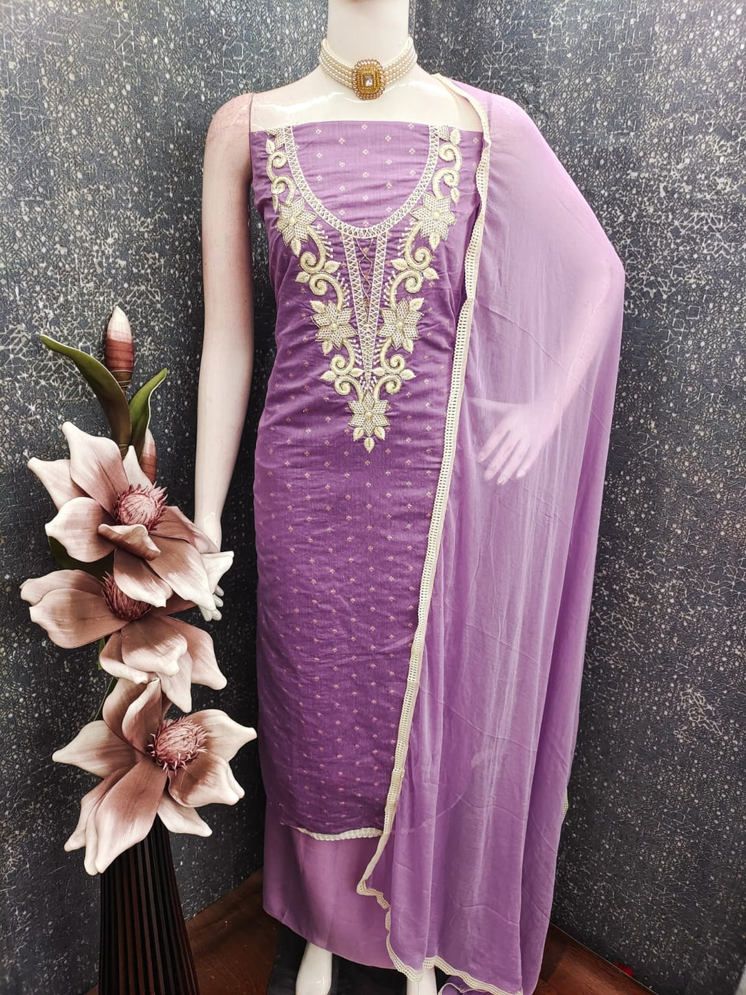 Lavender Chanderi Silk Embroidered Unstitched Dress Material - Image 4