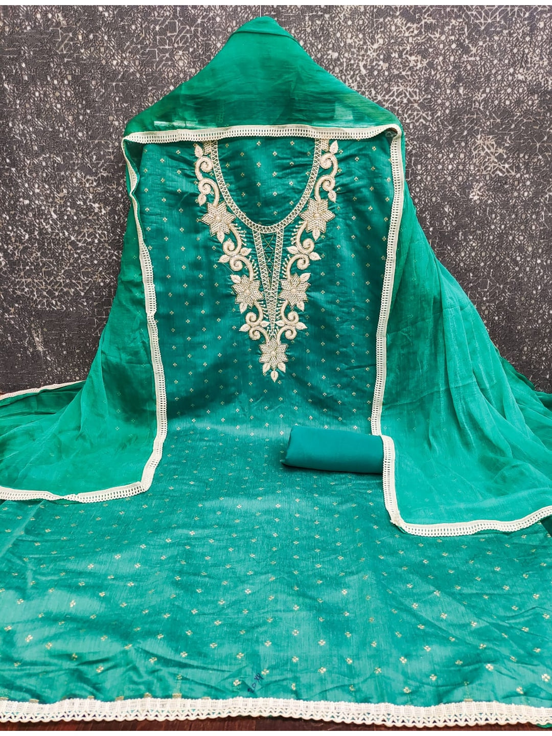 Turquoise Chanderi Silk Embroidered Unstitched Dress Material - Image 1