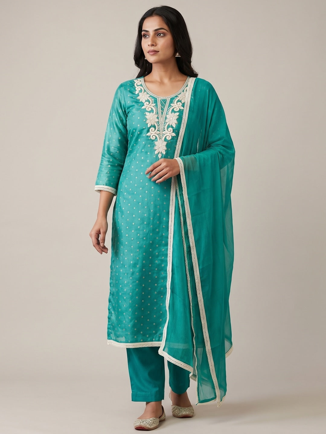 Turquoise Chanderi Silk Embroidered Unstitched Dress Material - Image 2
