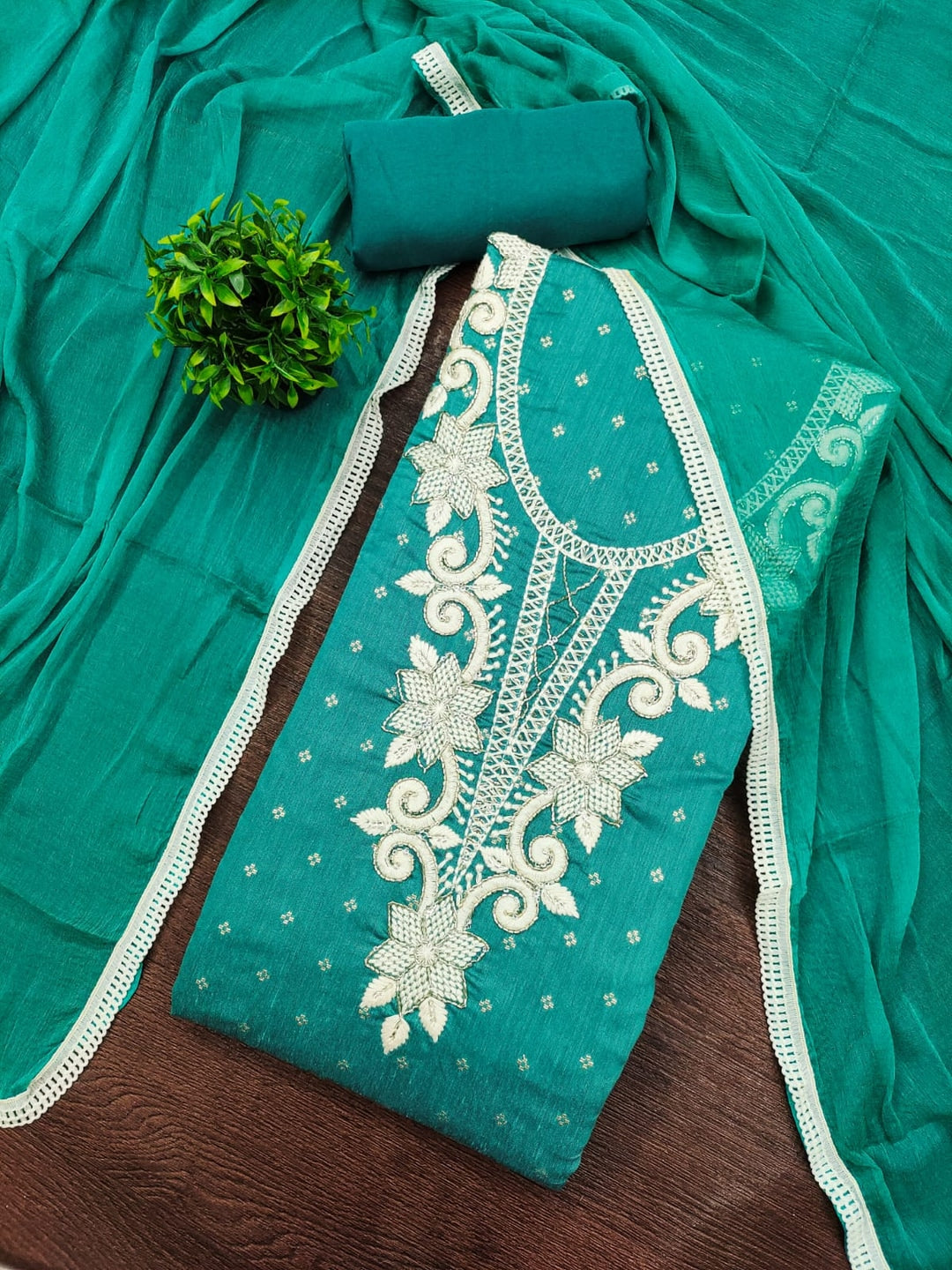 Turquoise Chanderi Silk Embroidered Unstitched Dress Material - Image 3