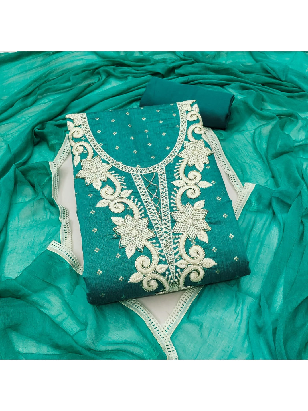 Turquoise Chanderi Silk Embroidered Unstitched Dress Material - Image 4