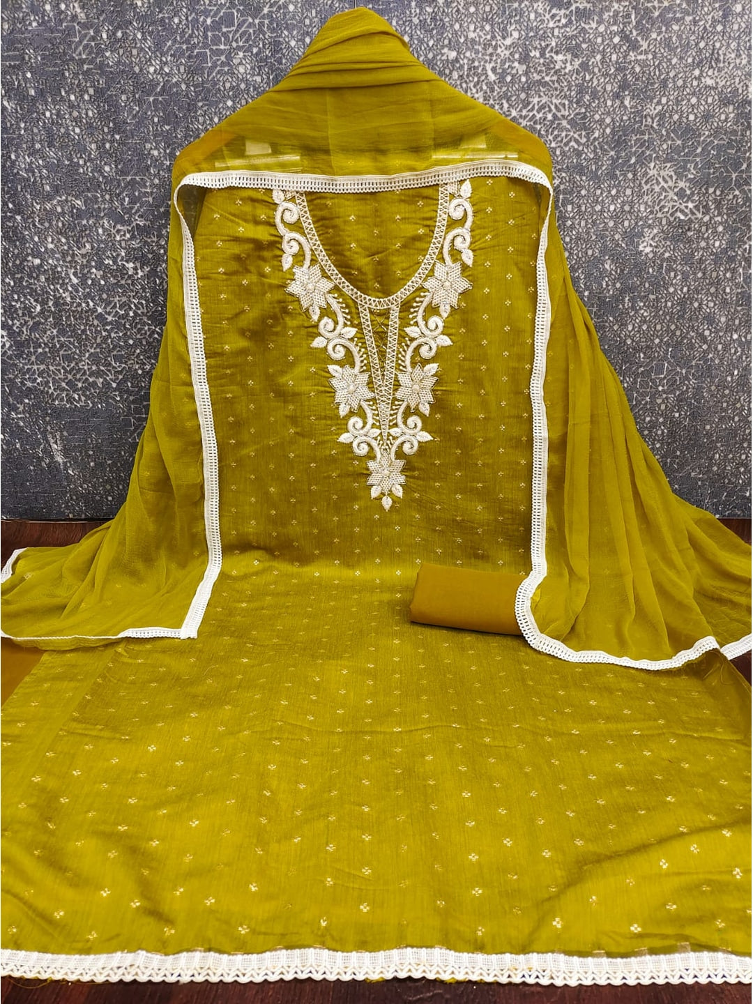 Mustard Chanderi Silk Embroidered Unstitched Dress Material - Image 1