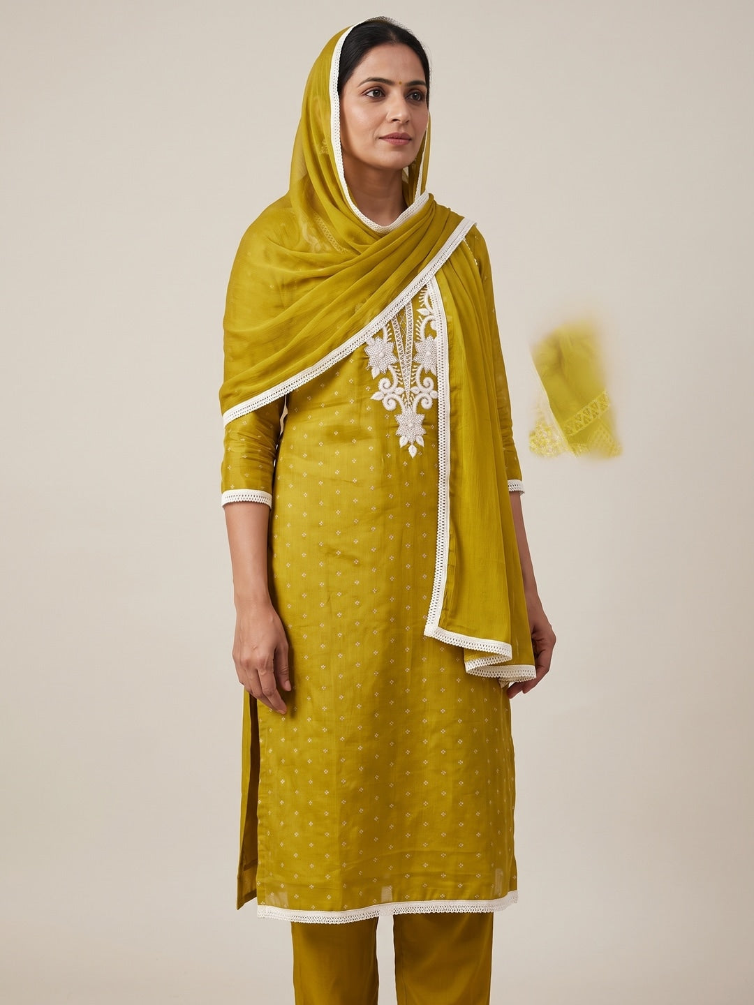 Mustard Chanderi Silk Embroidered Unstitched Dress Material - Image 2