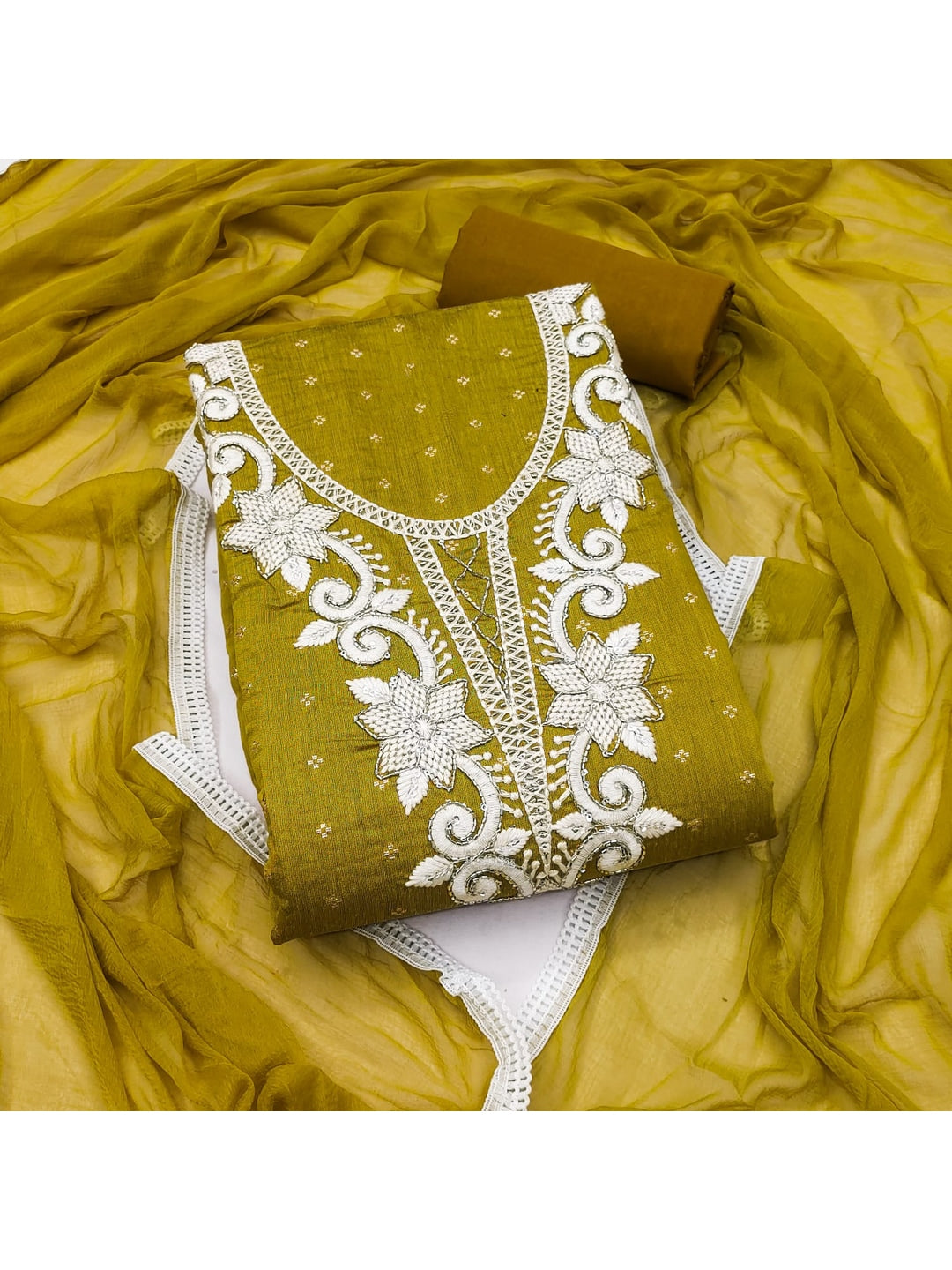 Mustard Chanderi Silk Embroidered Unstitched Dress Material - Image 4