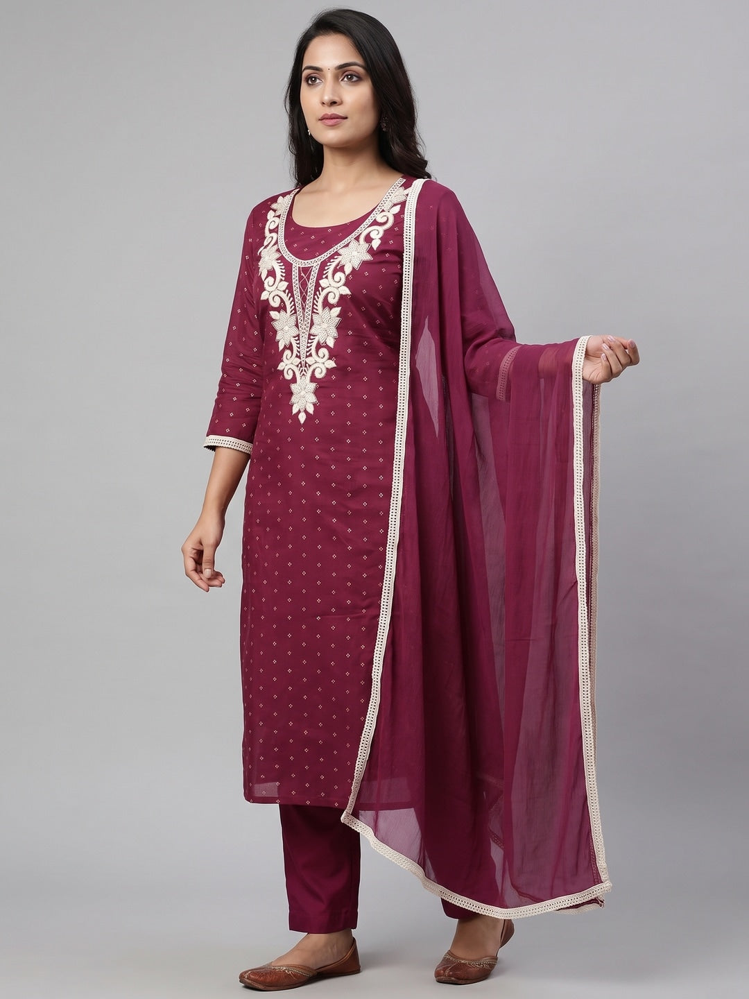 Wine Chanderi Silk Embroidered Unstitched Dress Material - Image 2