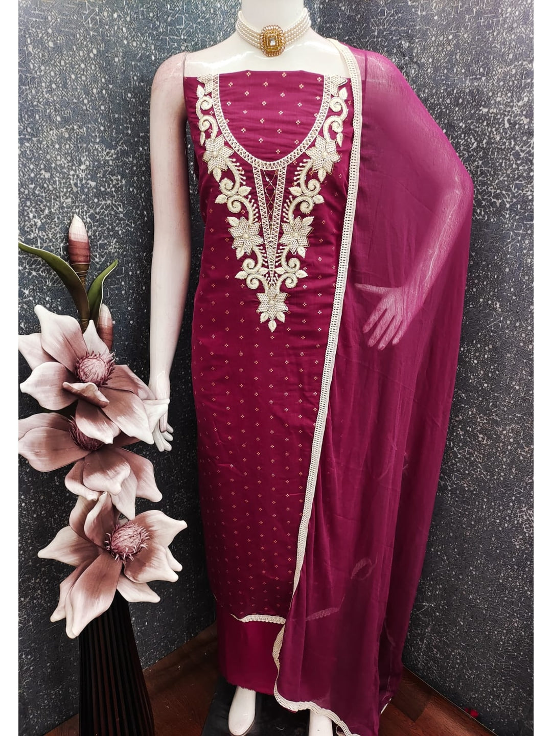 Wine Chanderi Silk Embroidered Unstitched Dress Material - Image 3