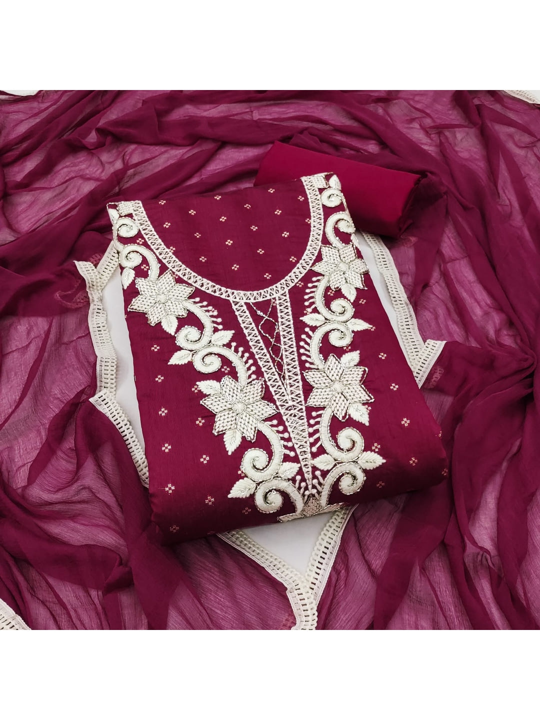 Wine Chanderi Silk Embroidered Unstitched Dress Material - Image 4