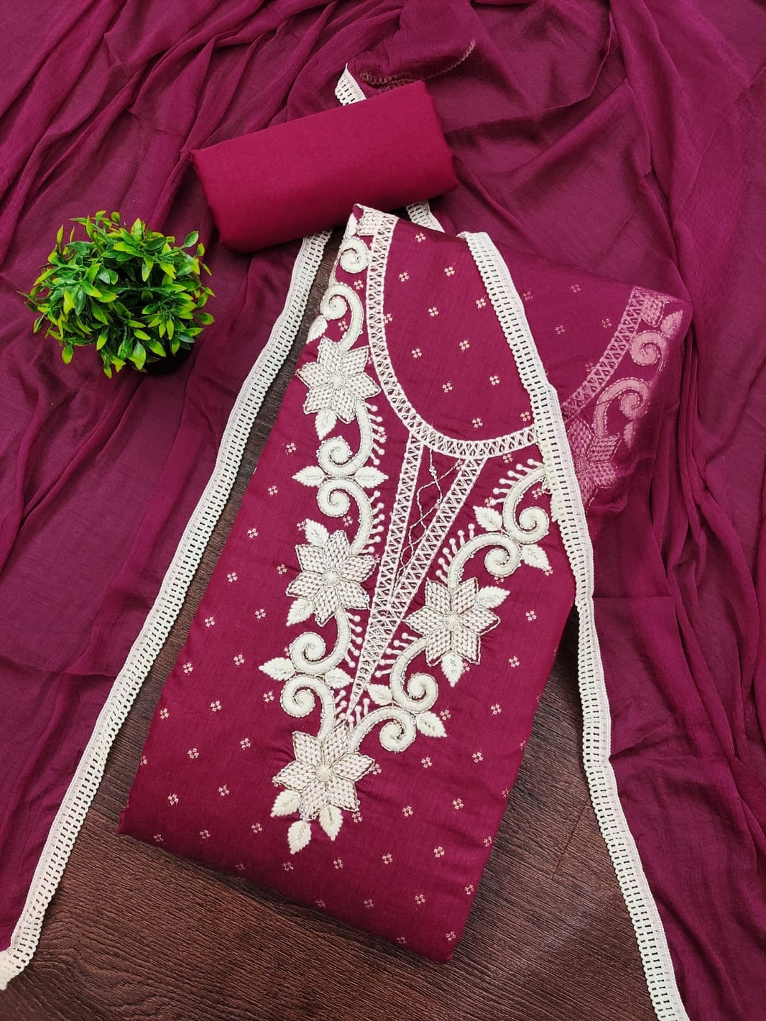Wine Chanderi Silk Embroidered Unstitched Dress Material - Image 5