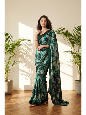Peachmode Dark Green Floral Printed Satin Saree - Image 1