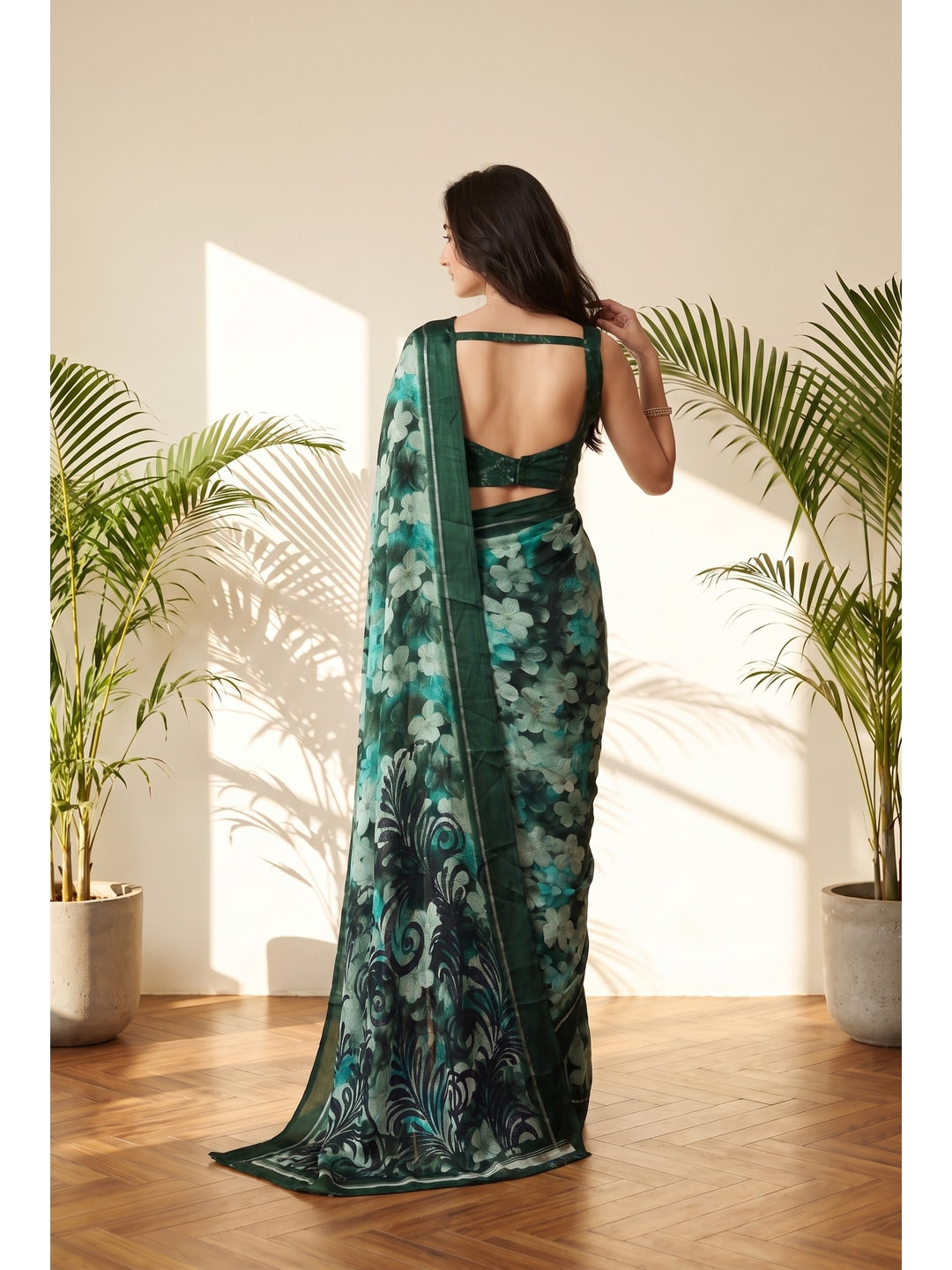 Peachmode Dark Green Floral Printed Satin Saree - Image 2