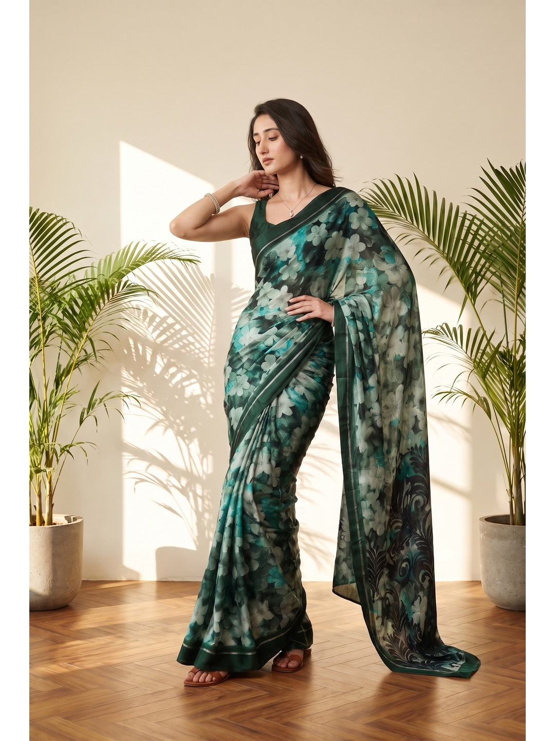 Peachmode Dark Green Floral Printed Satin Saree - Image 4
