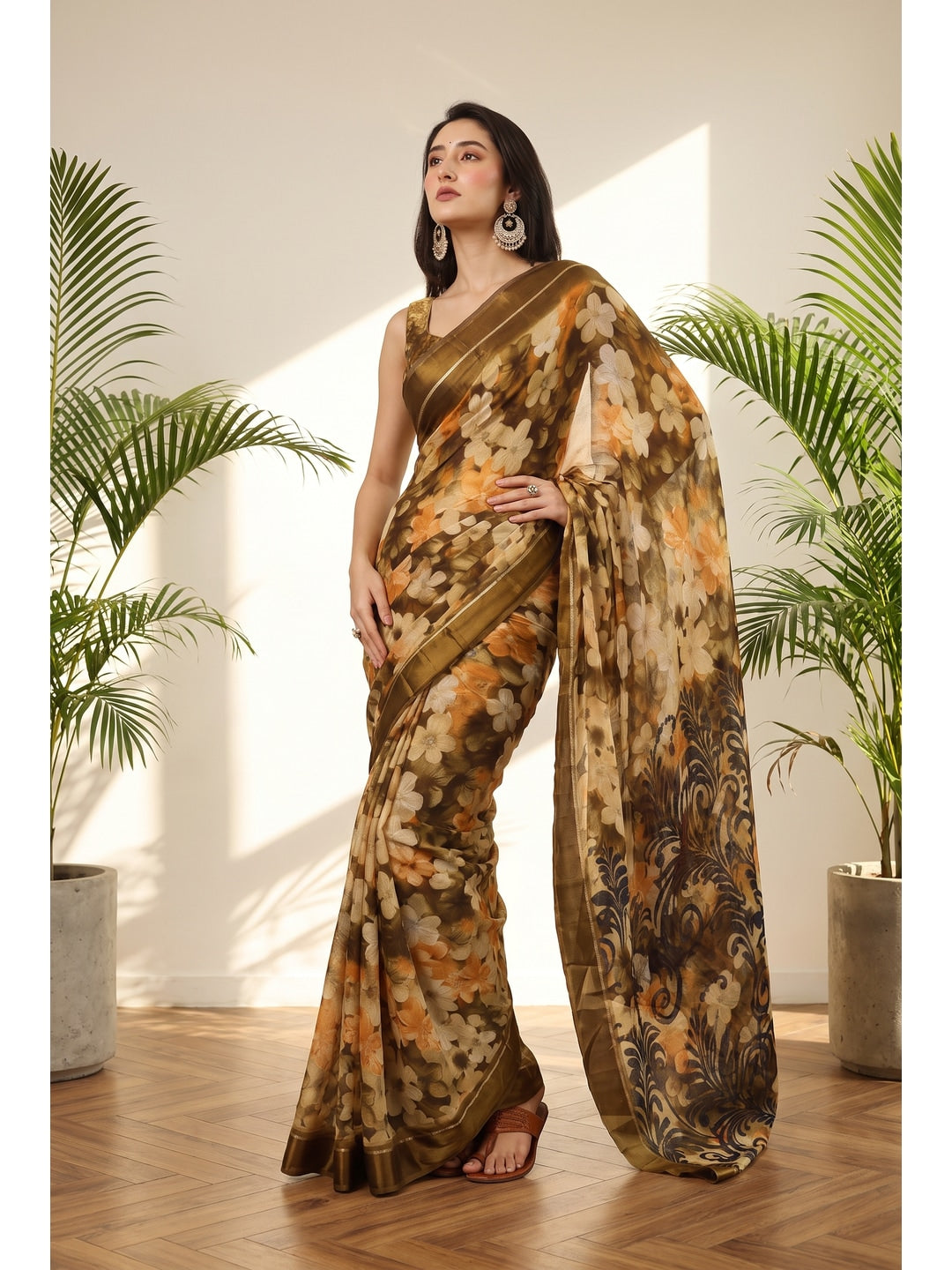 Peachmode Yellow Floral Printed Satin Saree - Image 1