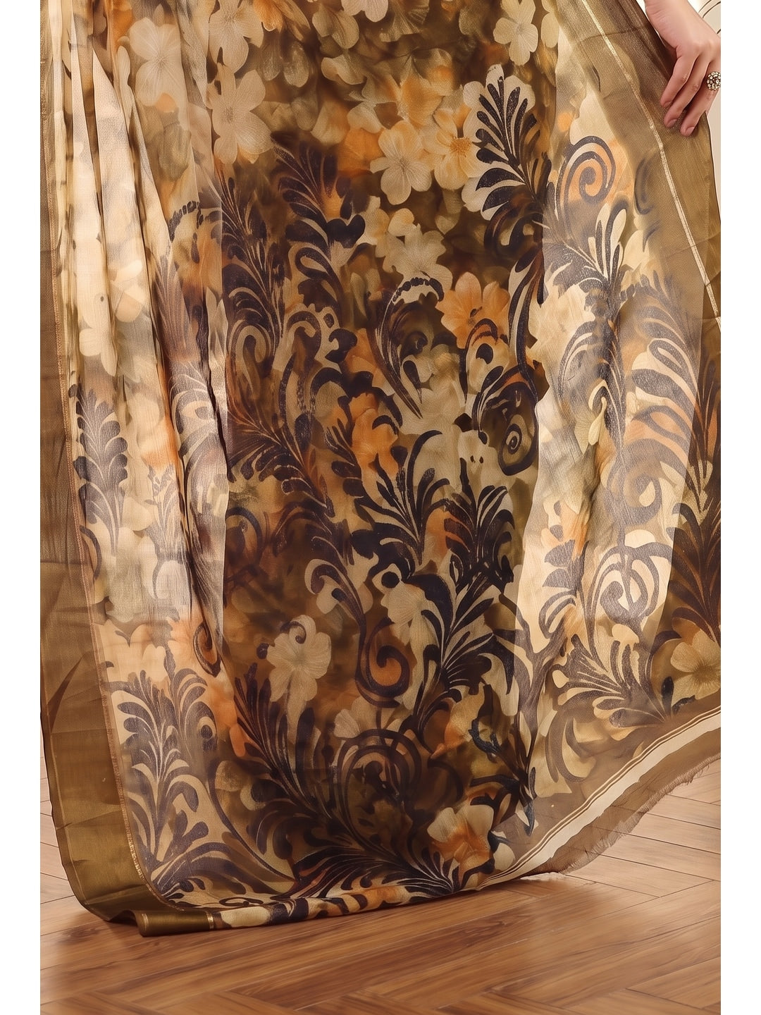 Peachmode Yellow Floral Printed Satin Saree - Image 3