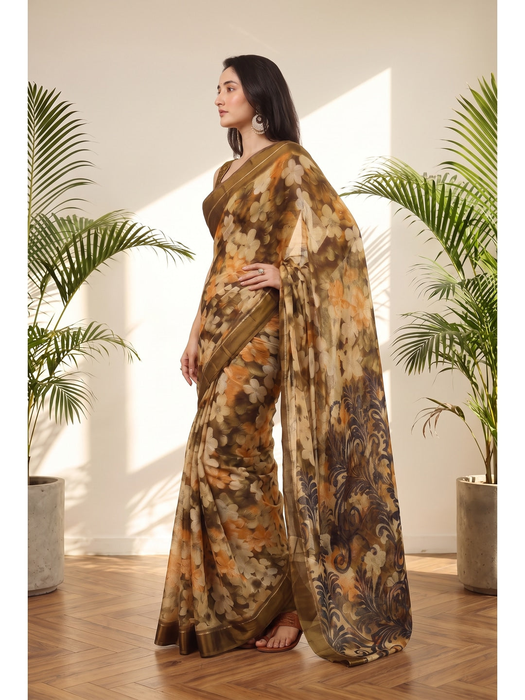 Peachmode Yellow Floral Printed Satin Saree - Image 4