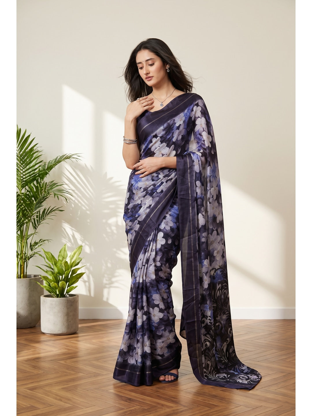 Peachmode Purple Floral Printed Satin Saree - Image 1