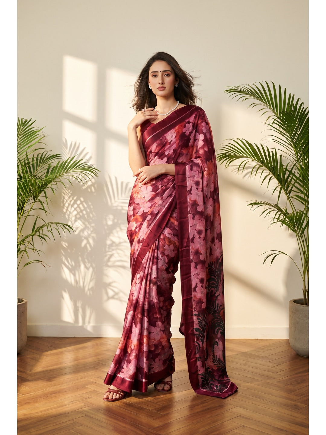 Peachmode Pink Floral Printed Satin Saree - Image 1