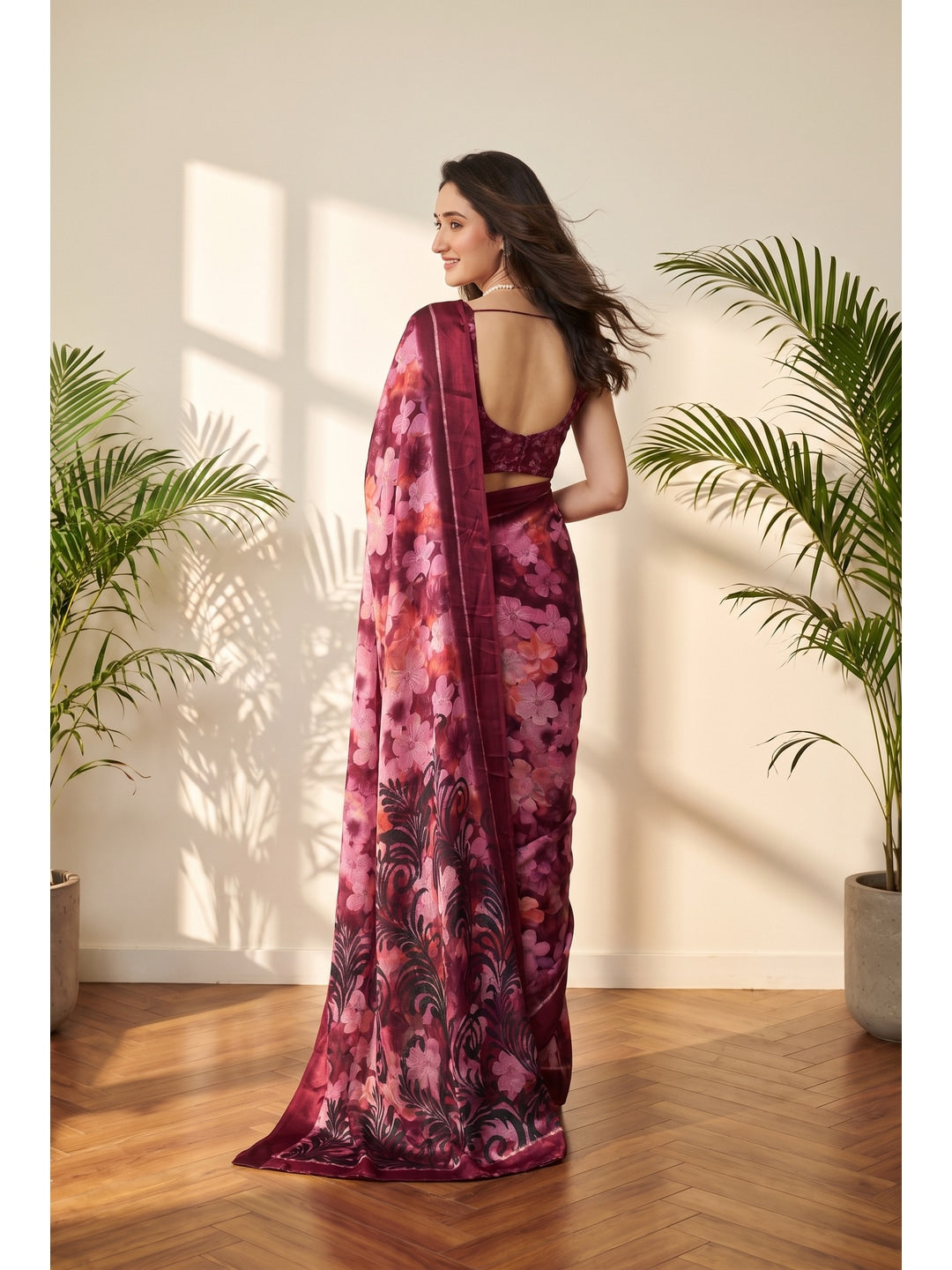 Peachmode Pink Floral Printed Satin Saree - Image 2
