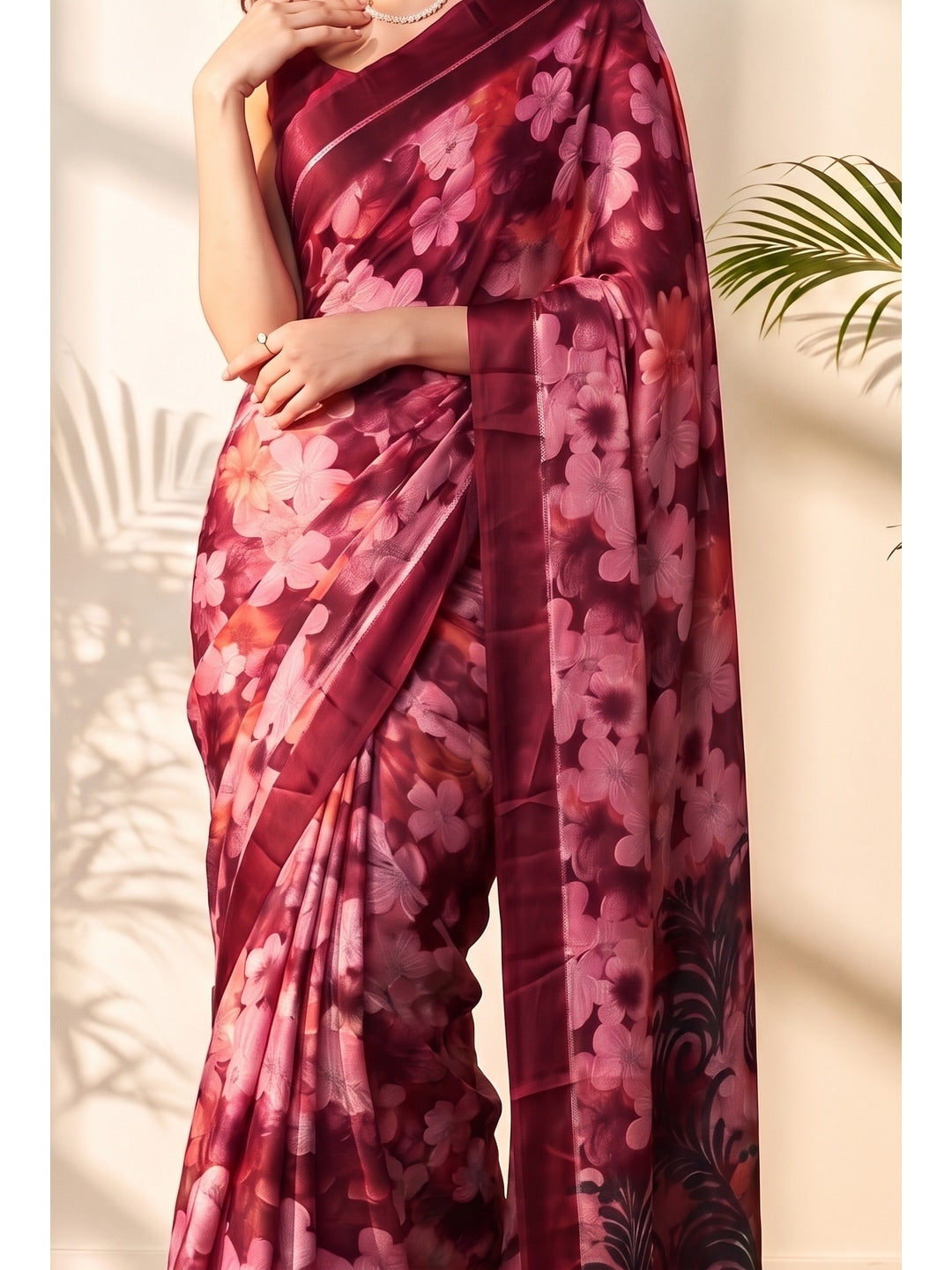 Peachmode Pink Floral Printed Satin Saree - Image 3